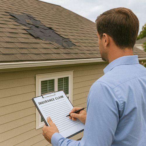 Roof insurance claim inspection with clipboard West Los Angeles