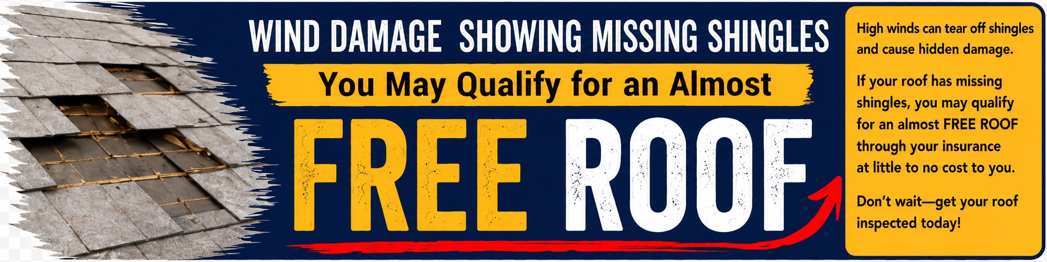 Wind damage showing missing shingles — you may qualify for an almost free roof through your insurance